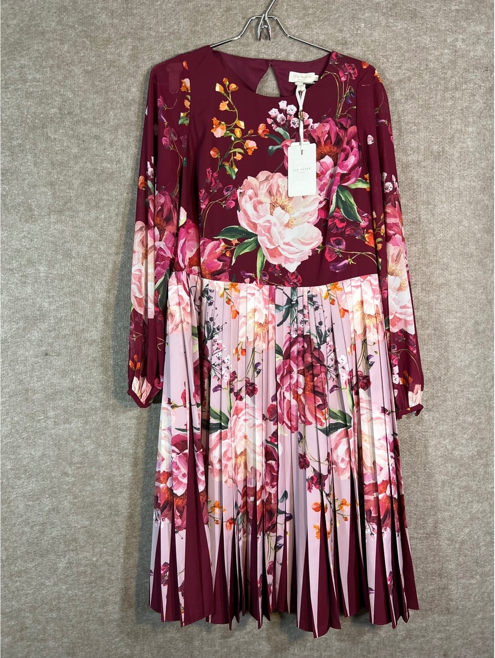 Ted Baker Serenity Dress Size 4 US 10 Maroon Floral Pleated Midi NWT $419